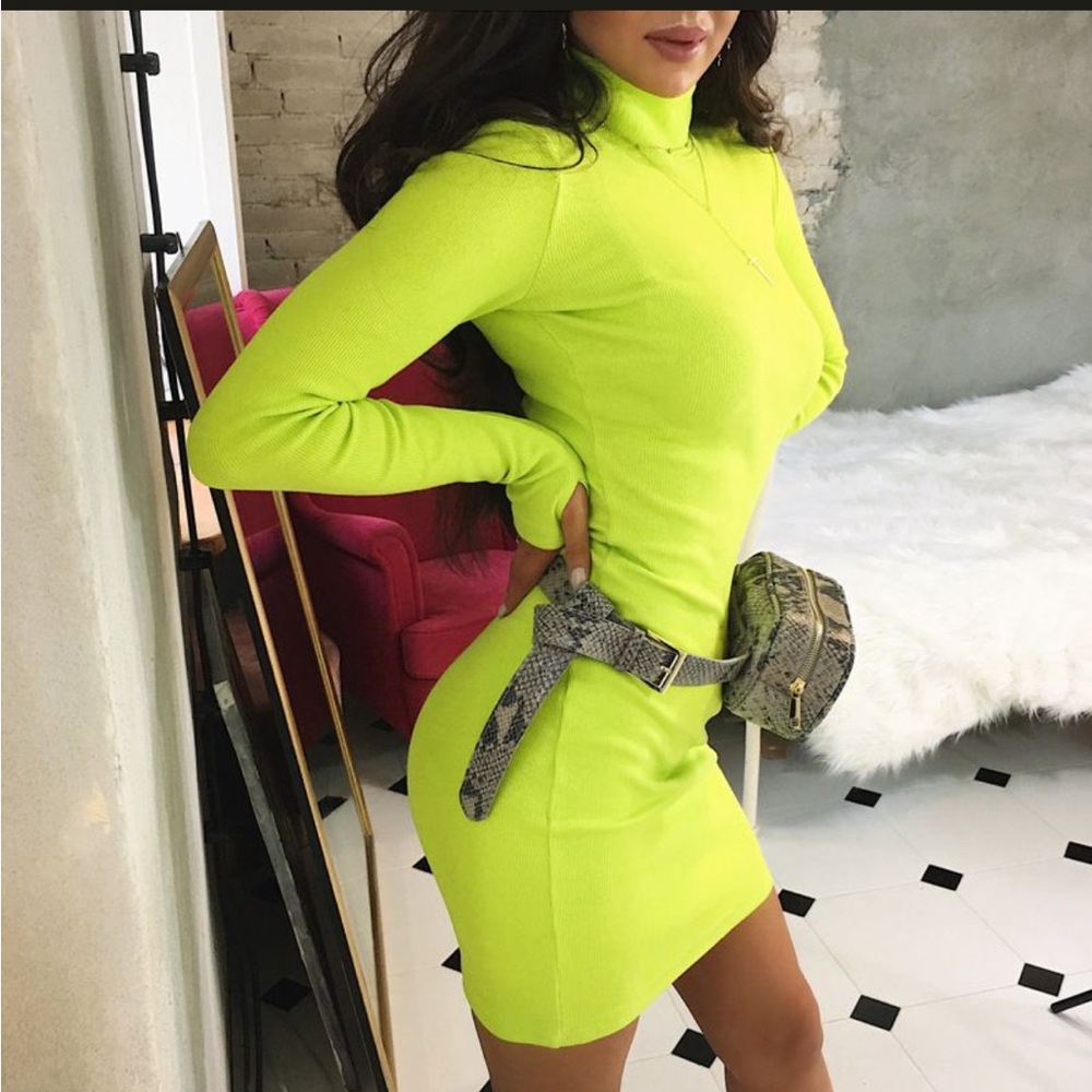JURLLYSHE SEXY NEON YELLOW BODYCON SLIM HIGH NECK RUNNING SPORT DRESS SI…